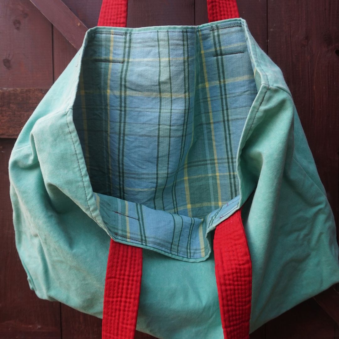 teal and red recycled handmade shopping bag with checkered lining