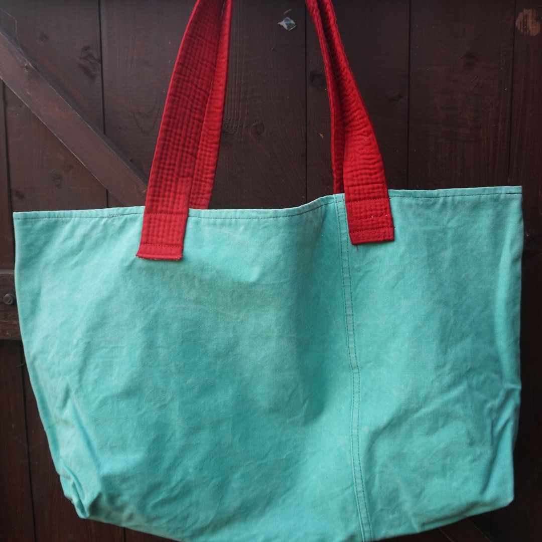 teal and red recycled handmade shopping bag