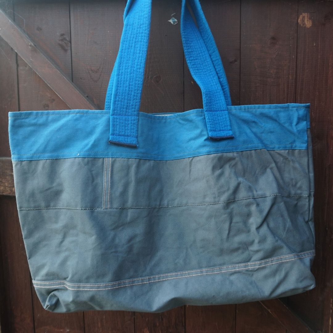 blue and grey recycled handmade bag